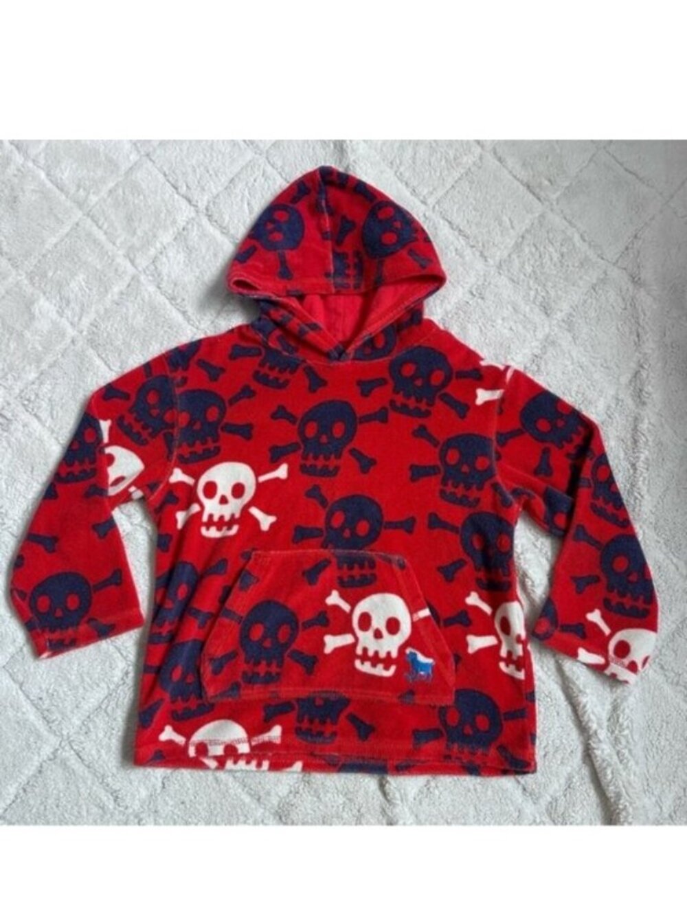Mini Boden | Red, White and Blue Skull Print Towelling Hoodie | Size 7-8Y